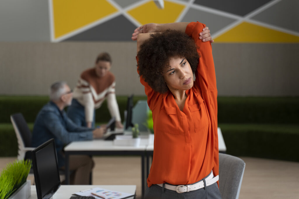 woman office stretching work day 1